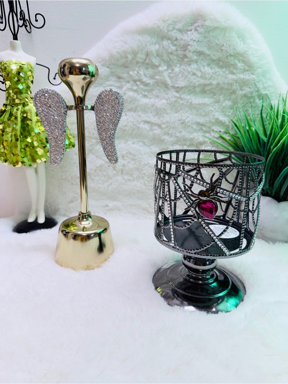 2 Holiday Black Metallic Candle Holders Pink Gem Accent & Gold Angel Wings 🪽